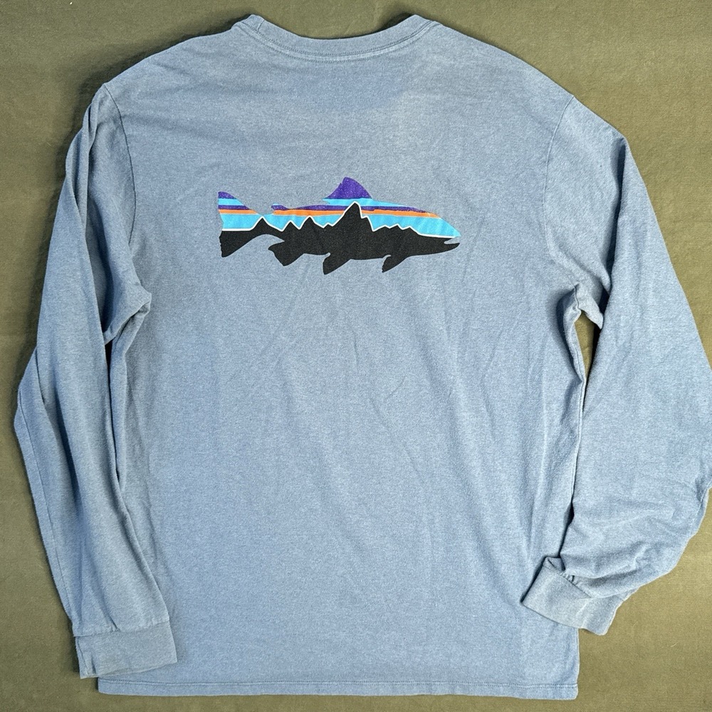Patagonia Fitz Roy Trout Fishing Long Sleeve Tee XL Blue Outdoor Graphic